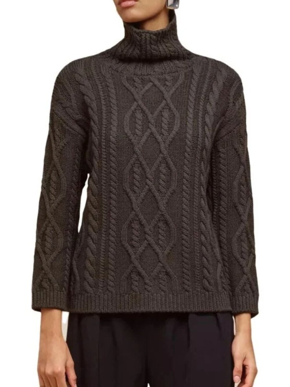 LIVIANA CONTI 100% Wool Maglia Cable Knit Turtleneck Sweater Green Small
